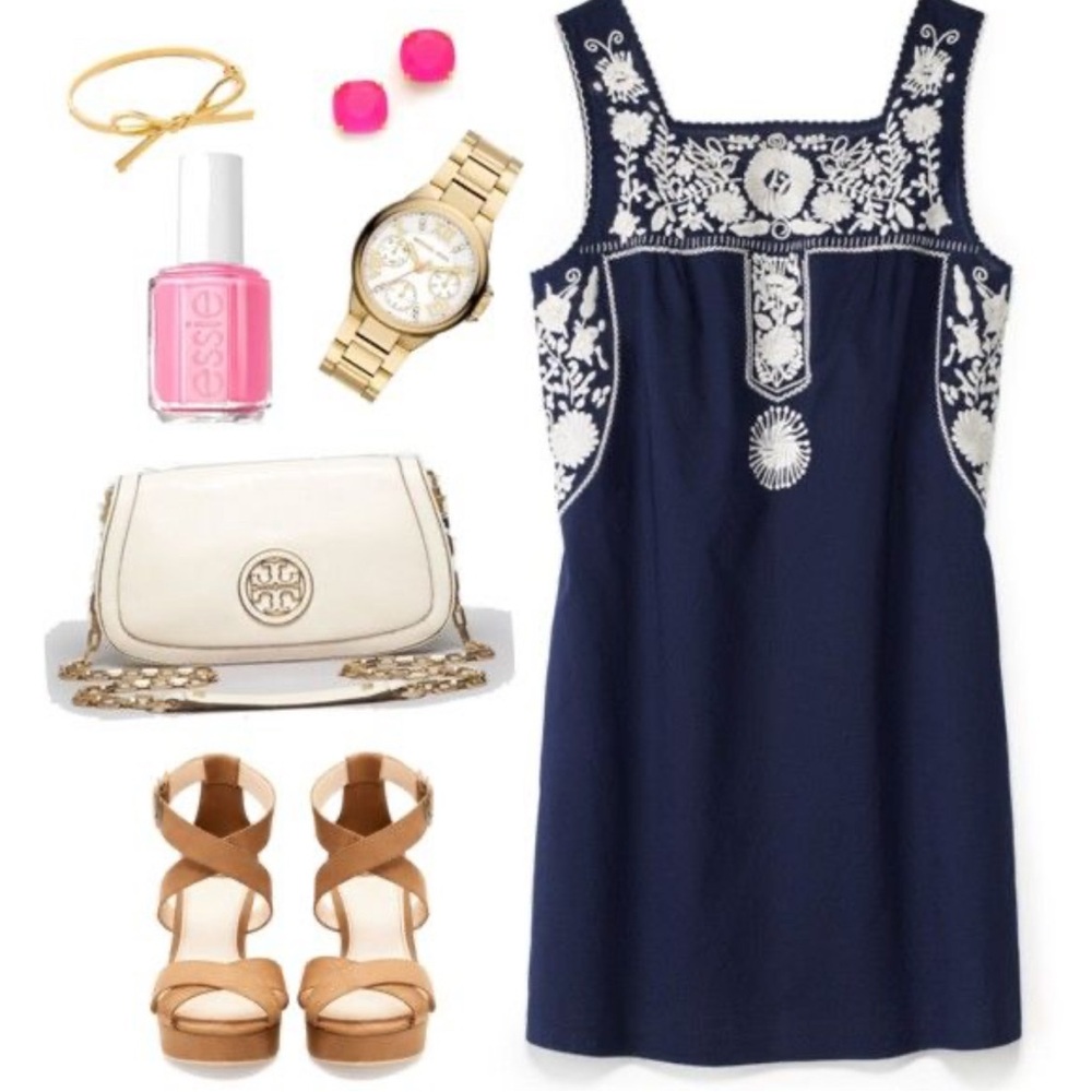 Tory Burch Navy and White Embroidered Dress